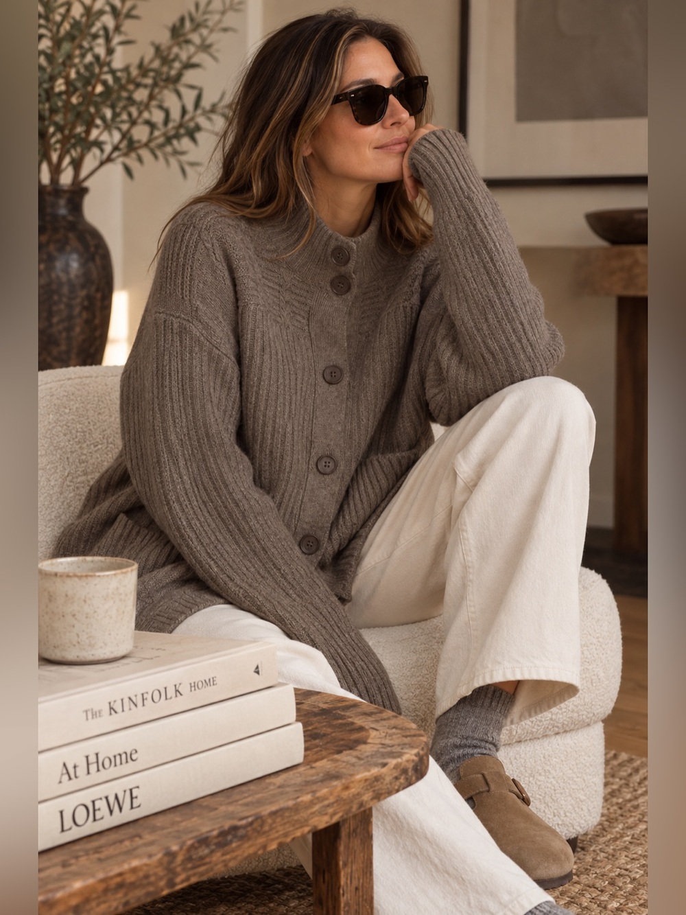 K+J 2 Wool Cashmere Cardigan XL Taupe Ribbed Oversized Button Front